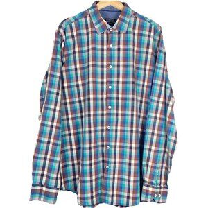 Bugatchi‎ Mens Button Long Sleeve Shirt Flip Cuff Classic Fit XL Tall Blue Plaid
